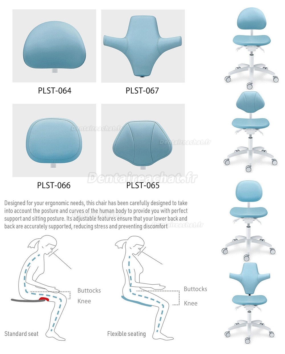 TYTC PLST-064-067 Siège assistante dentaire, tabouret ergonomique dentiste (Angles du siège et du dossier réglables)