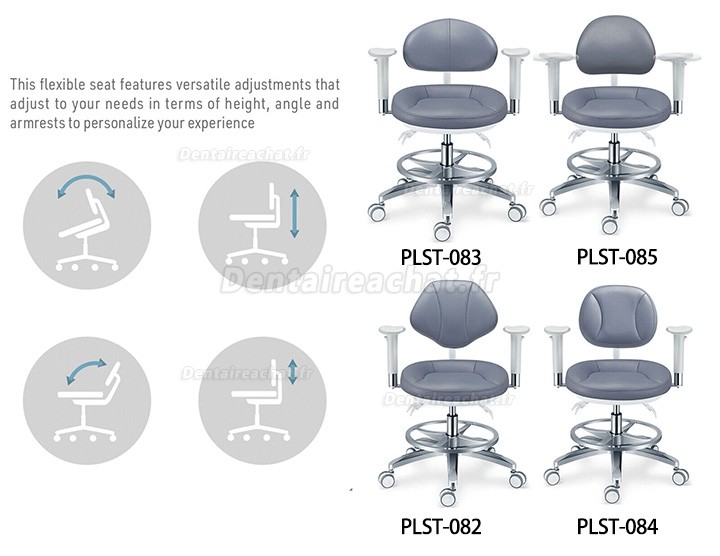 TYTC PLST-082-085 Siège opérateur pour microscope dentaire, tabouret dentaire ergonomique avec accoudoirs + dossier + anneau de pied